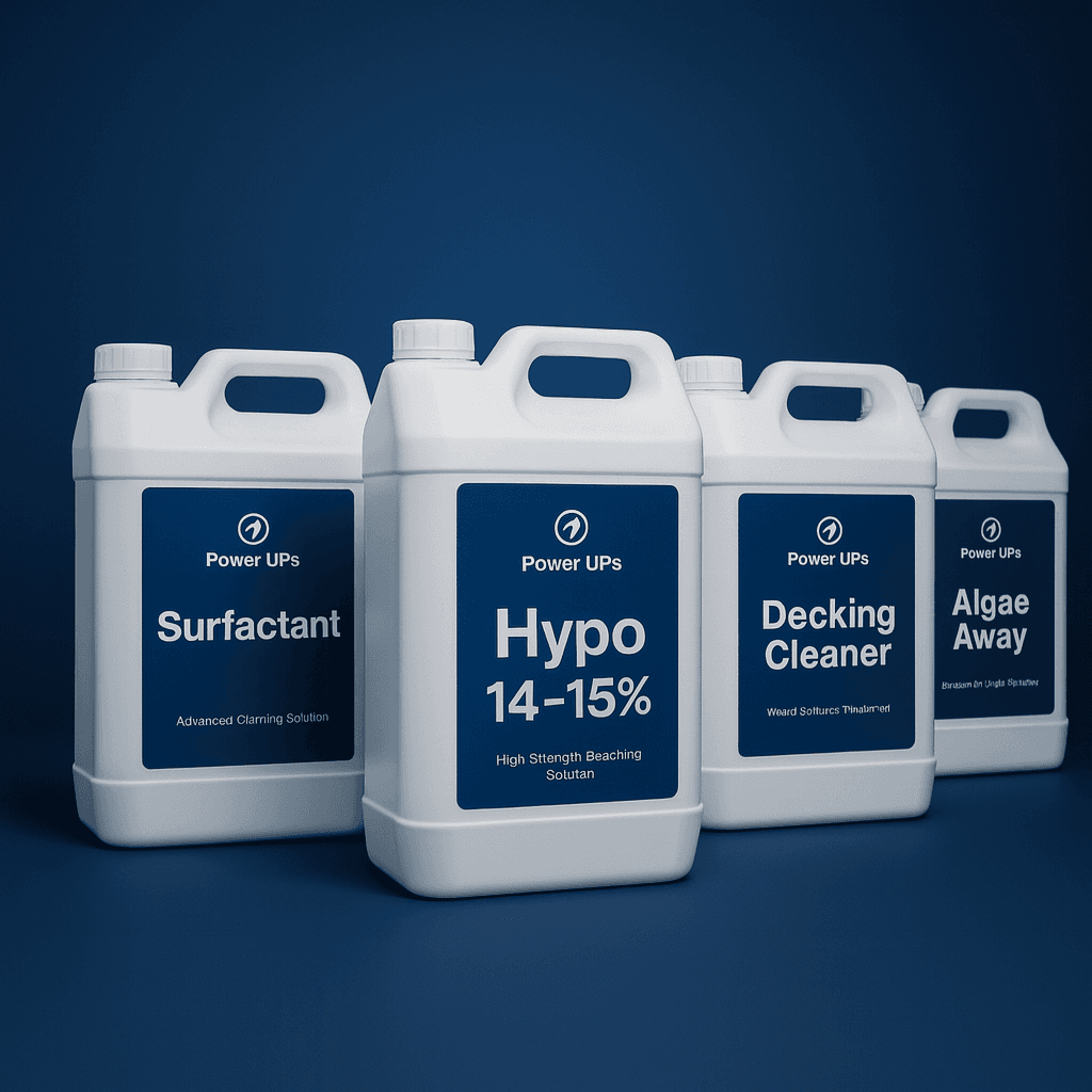 PowerUps Professional Chemical Range - Surfactant, Hypo 14-15%, Decking Cleaner, and Algae Away