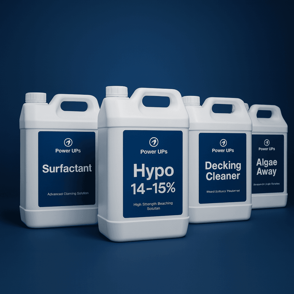 PowerUps Professional Chemical Range - Surfactant, Hypo 14-15%, Decking Cleaner, and Algae Away