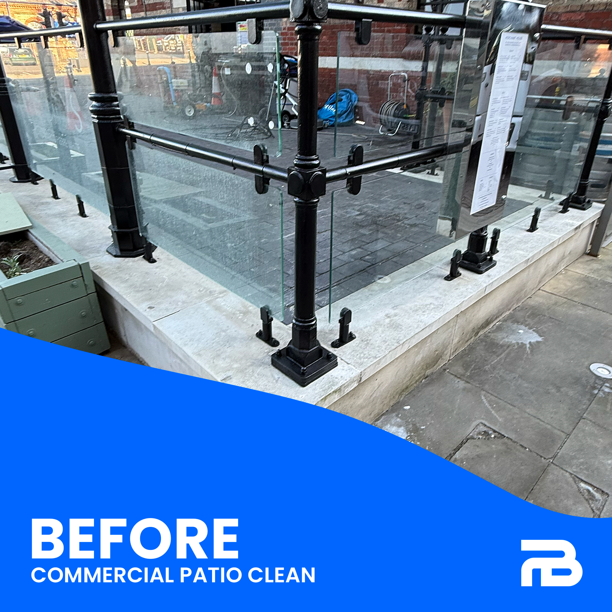 Dirty commercial patio area at Brewery Square in Dorchester before PowerWash Bros carried out deep cleaning.
